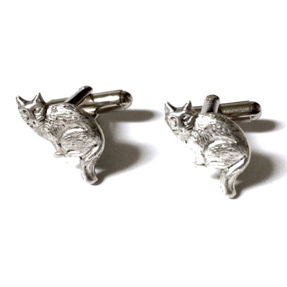 SALE Silver Cat Cufflinks Men's Handcrafted Feline Kitten