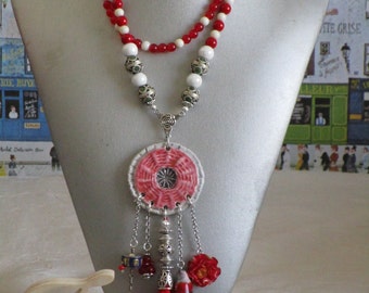 Ravissant collier sautoir perles et céramiques "hippie bohème chic"