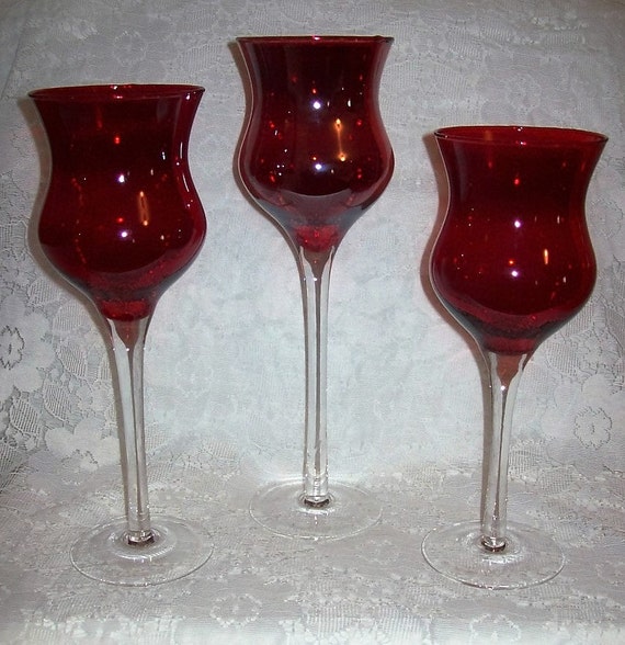 Vintage Red And Clear Long Stemmed Glass Candle Holders Set Of 3