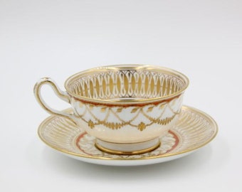 Vintage Royal Chelsea Cathedral Tea Cup and Saucer, Bone China Tea Cup, Hand Painted, Tea Party, Red and Gold #33