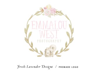 Custom Logo Design Premade Logo and Watermark for Photographers and Small Crafty Boutiques Watercolor Bouquet with Camera Hand Drawn