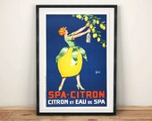 SPA CITRON POSTER: klassieke Franse Eau de Spa advertentie reproductie, Lemon Art Print Muur Opknoping