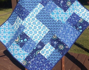 A Modern and Edgy 36" X 42" Color Block Quilt In Shades of Blue