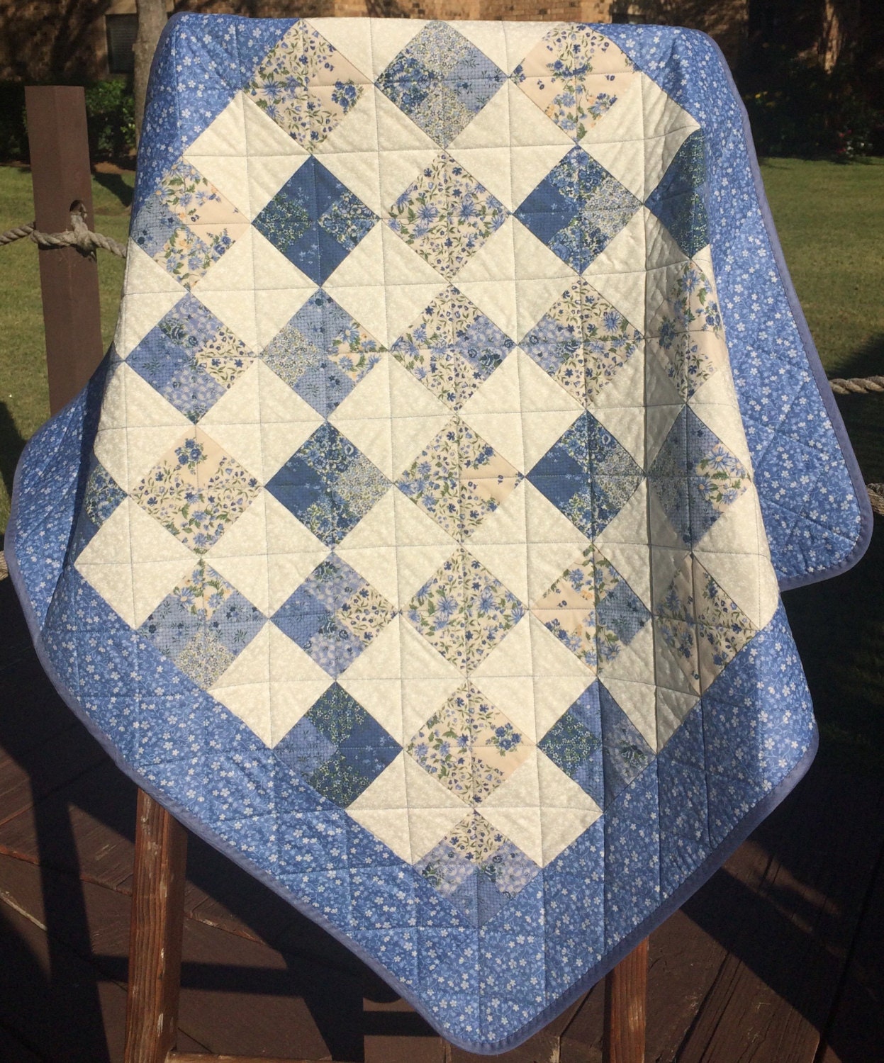 A Vintage Modern 35.5 X 36 Quilt In French Blue
