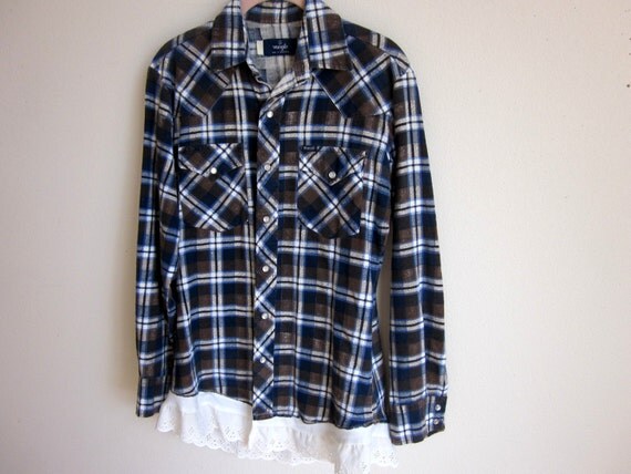 Upcycled flannel plaid shirt shabby ruffle hem tunic top eco