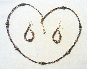 BOHO Beaded Jewelry Set Tiger's Eye & Copper Beaded Necklace Set, Glass Bead Jewelry Set, Jewelry Sets Earth Tones, Handmade Beaded Jewelry
