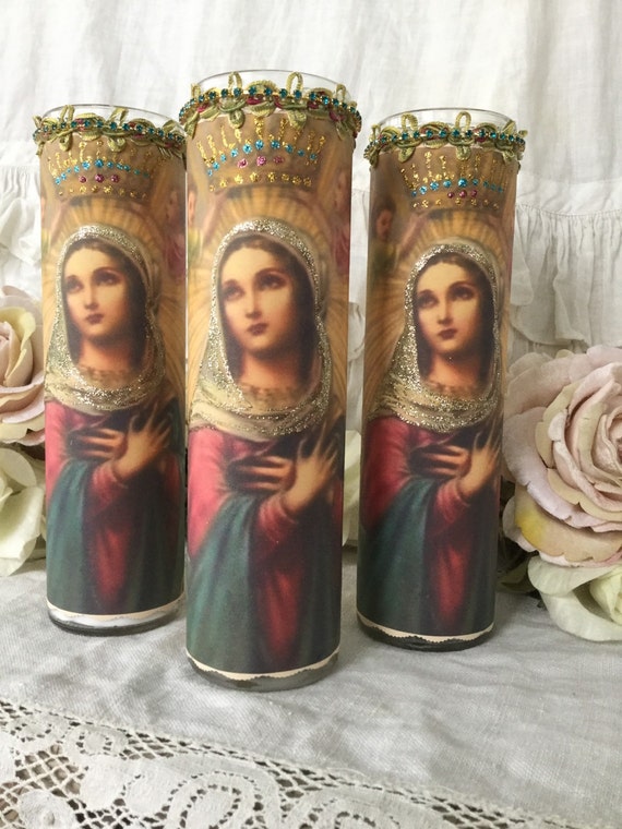 Virgin Mary Prayer Candle Holy Queen Vintage Image Blessed