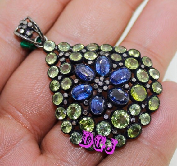 0.63ct Victorian Rose Cut Diamond Pendant Peridot Kyanite 925 Silver Vintage Style Wedding Wear Free shipping Mvp_019