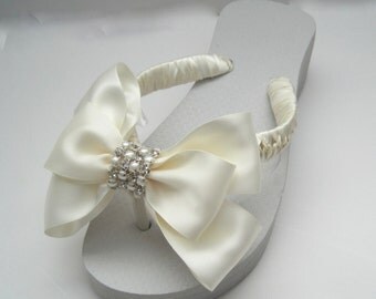 Flip Flops Bridal Wedding Ivory with Gorgeous Ivory Satin Bow and Pearl and Rhinestone Band Accent