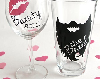 Beauty and the Beard, Beard Wine Glass, Beard Beer Mug, Wedding toasting glasses, mr and mrs, Beauty Beard, His and Hers Wine Glass, Beards