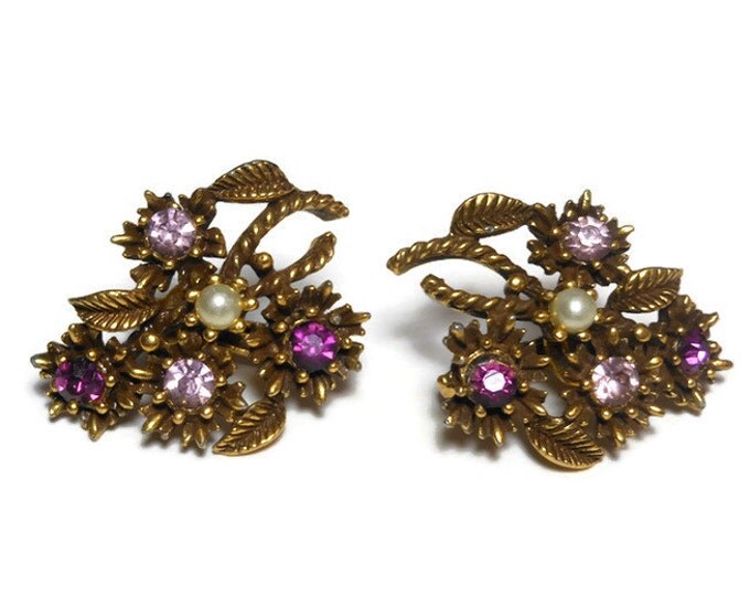 Coro floral earrings, light and dark colored amethyst rhinestone and white seed pearl flower bouquet clip-on 1950s, show stoppers, gold tone