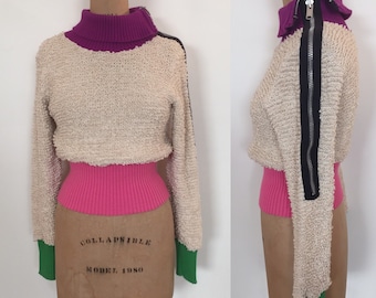 Amazing 80s Betsey Johnson punk label cotton loop knit zipper sweater