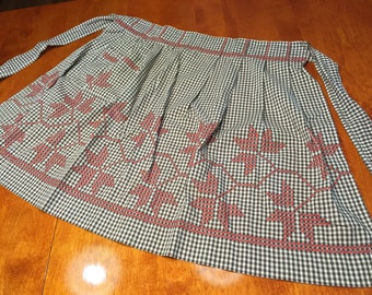 Apron, Vintage 1960's Black Gingham kitchen Apron with Red Cross Stitch design by MarlenesAttic