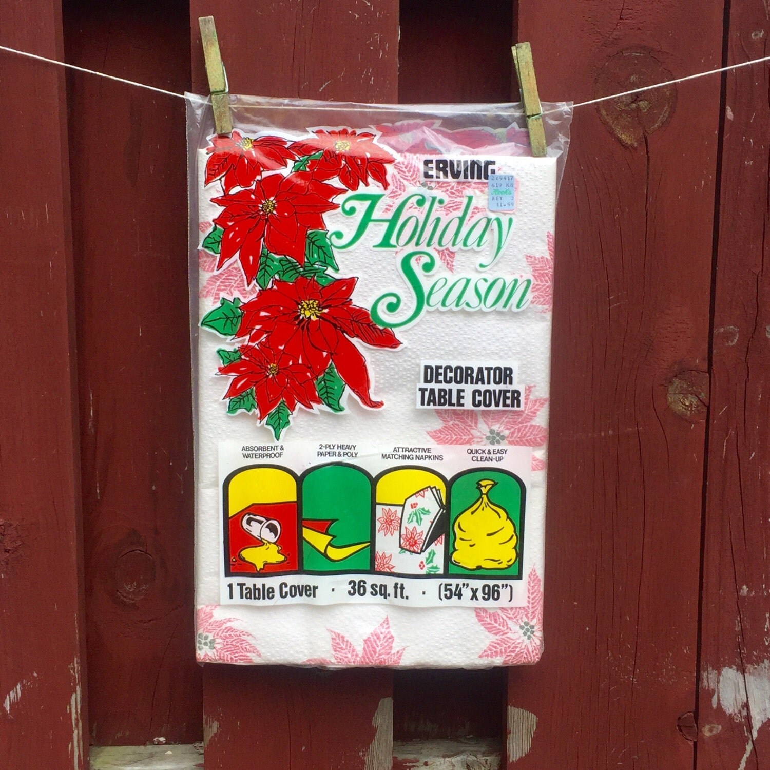 Vintage Paper Christmas Tablecloth / Poinsettias Table Cover