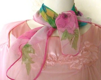 Vintage Vera Neumann Scarf Sheer Pink Floral Design 21 by 20 Inches