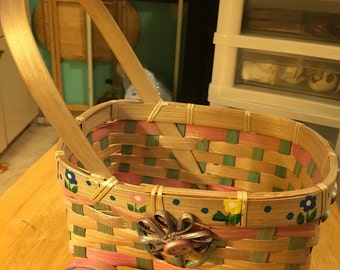 Panier Couffin Vintage Années 60 - Osier Avec Capote Fleurie Bleue Et Rose - Occasion