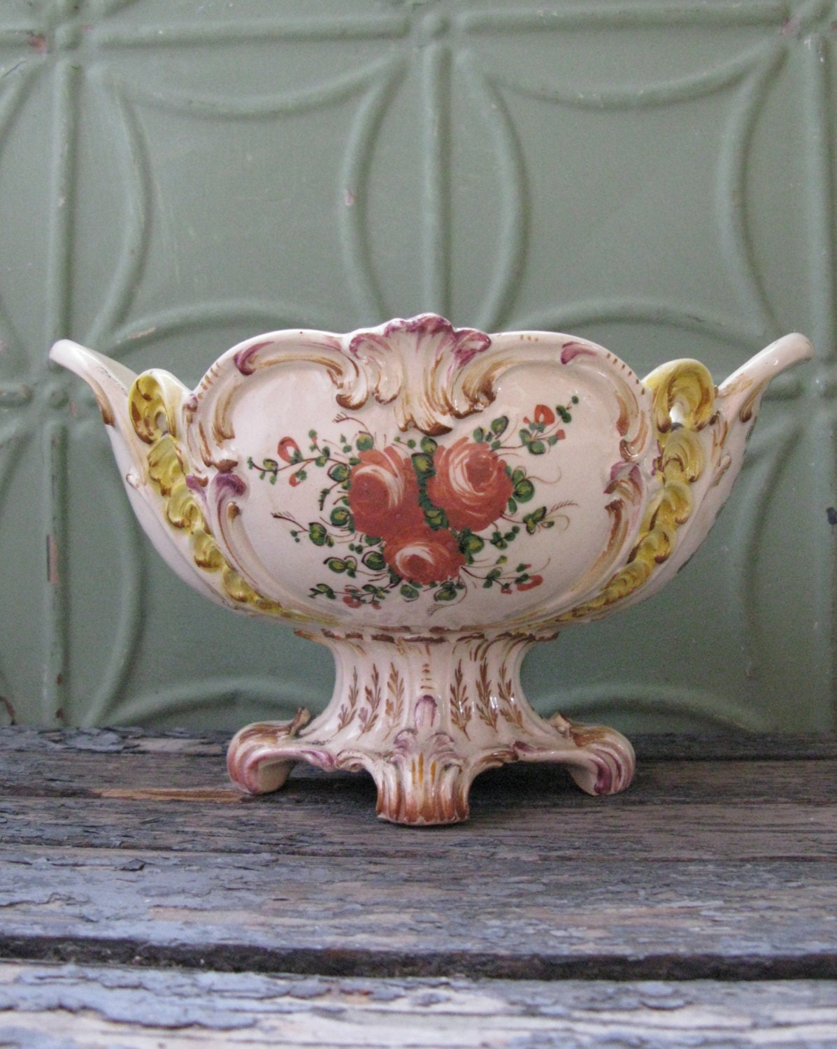 Vintage Pedestal Bowl Italian Hand Painted Victorian
