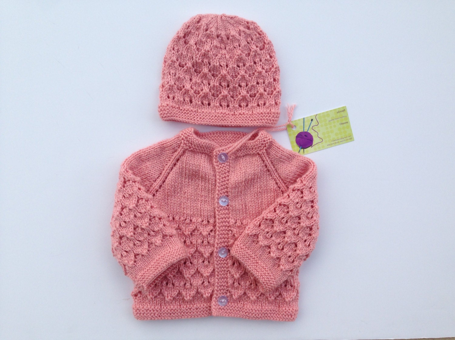 Hand knitted baby sweater cardigan and hat set 0-3 months old