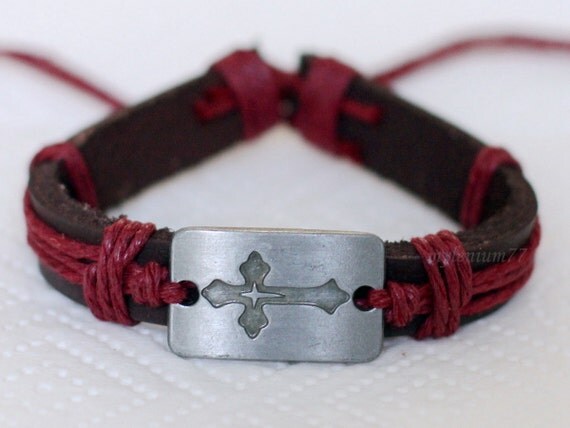 008 Men's brown leather bracelet Cross bracelet by mylenium77