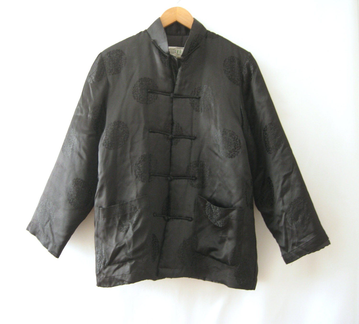 80s Chinese Black Silk Jacket Quilted Goth Grunge Cyber Boho