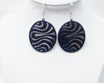 Large Round Black & Silver Wave Earrings
