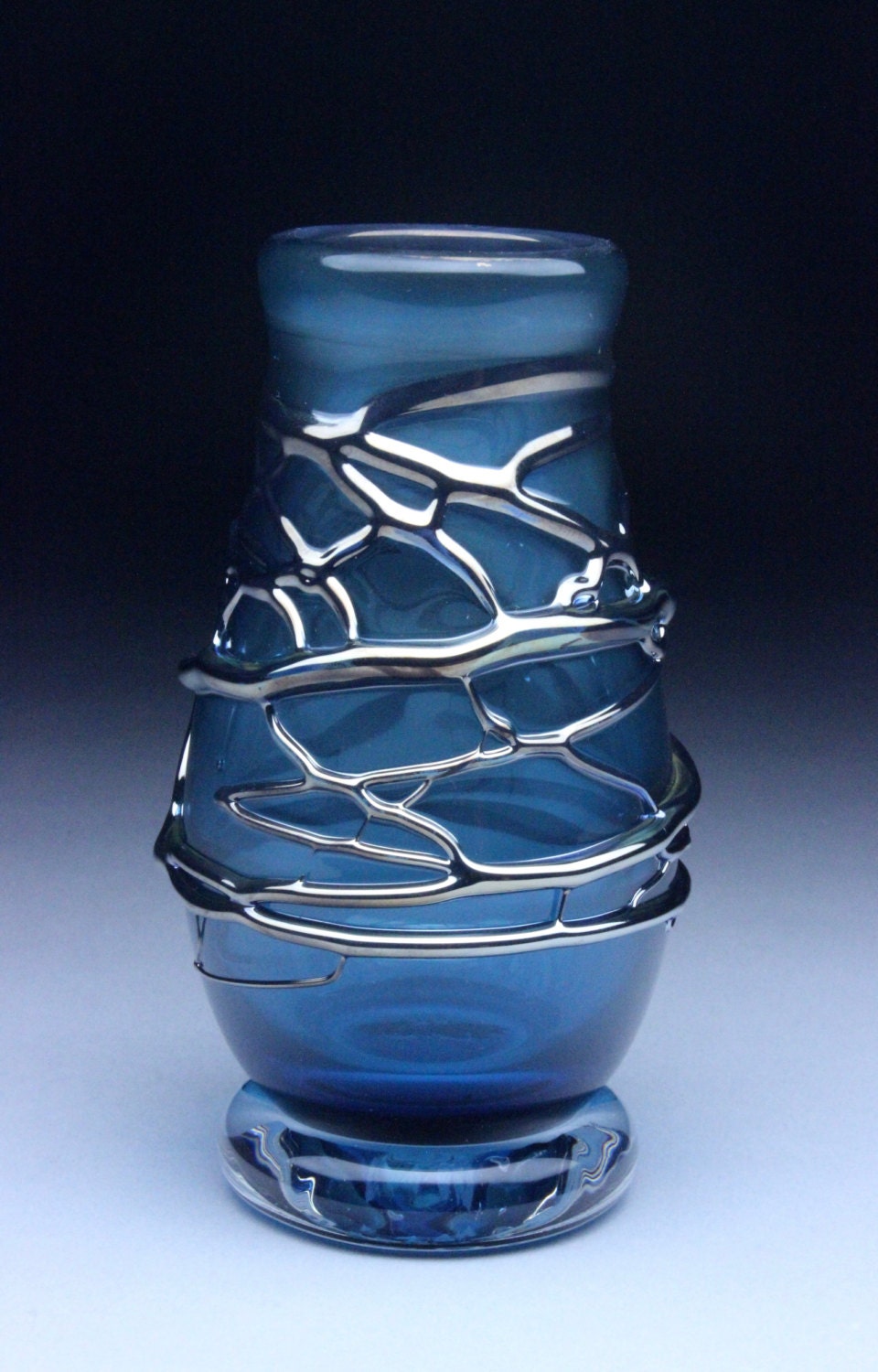 Hand Blown Blue Glass Vase With Silver Wrap