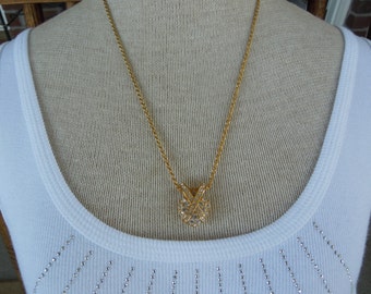Vintage Necklace, Gold Toned, Heart Pendant With Rhinestones 21 Inches.