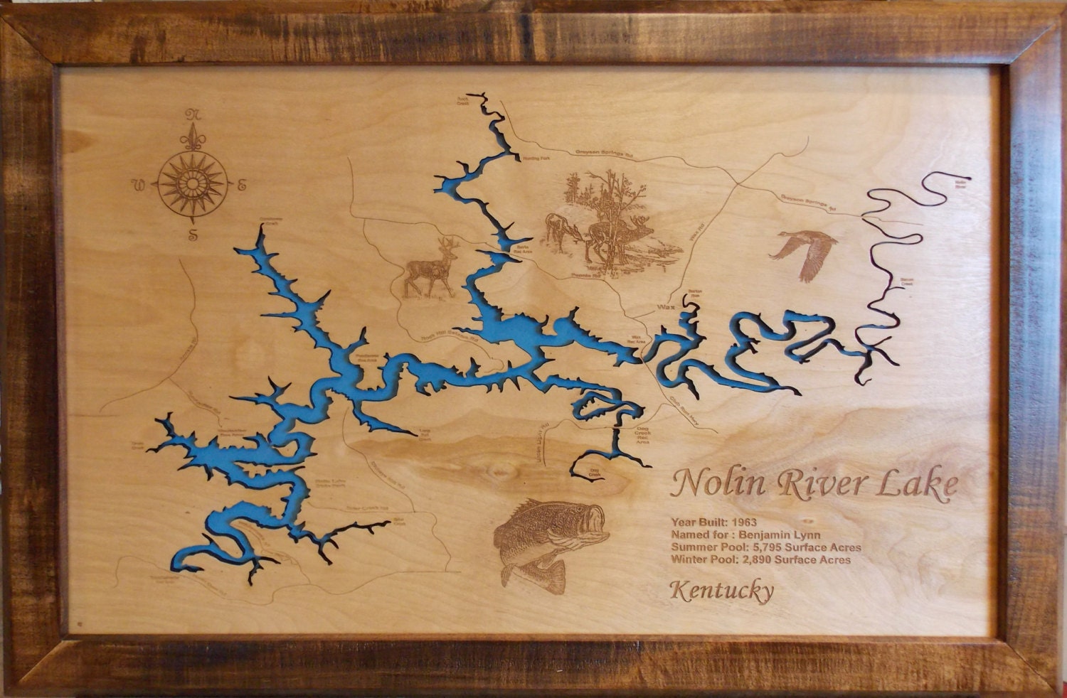 Wood Laser Cut Map Of Nolin River Lake Ky Topographical 8204
