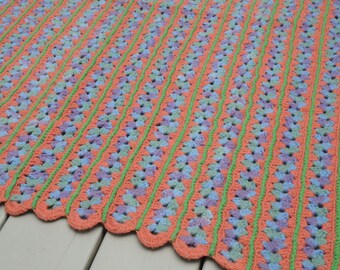 Crocheted Afghan Stripes Coral Green Blue