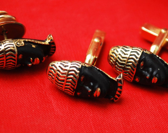 Tribal Face Cuff links Black Gold Mask blackamoor Matching cuff link and Tie Pin Swank