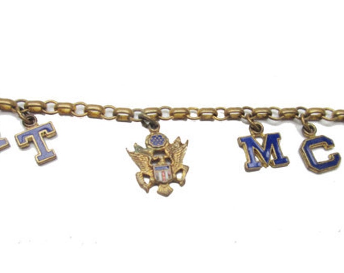 Fort Mcclellan charm bracelet brass chain blue enamel cha cha souvenier bangle