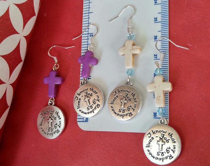 My Redeemer Lives, Job 19 25, Scripture charm earrings, ivory or purple cross, Christian Gift, Bible Study, Religious Gift, God Faith Bible
