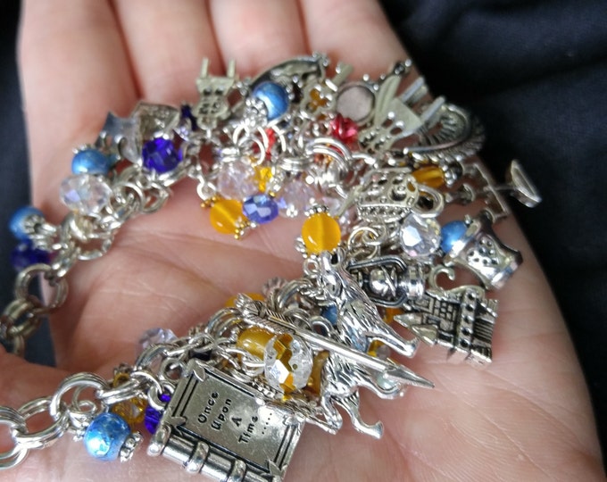 Beauty and the Beast charm bracelet, Custom length, Handmade story bracelet, Silver bracelet, Belle, Beast, story character jewelry #59