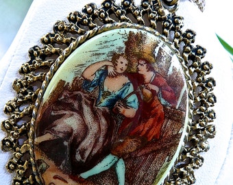 Vintage Necklace - Chain with Porcelain Pendant - 1960's Gold Tone Necklace -Florentine Ornate Pendant -Formal Bijou Jewelry -Office Jewelry