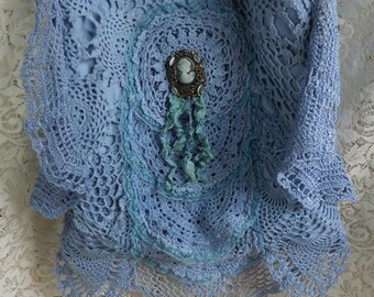 Boho handbag purse vintage crochet lace Gypsy shabby tote, tote, blue, doilies, cameo, ecs, shoulder bag