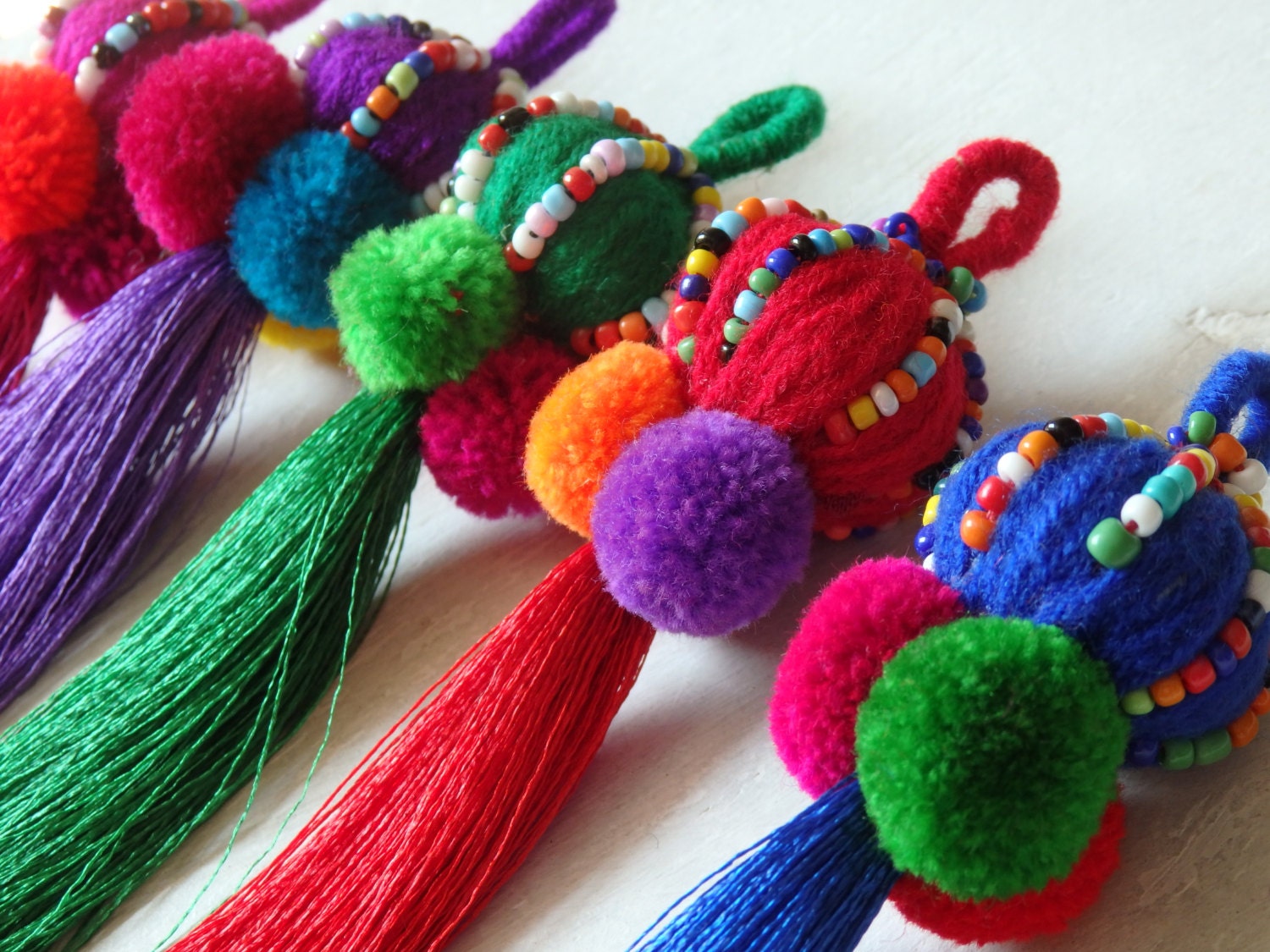 Thai beaded tassel one large tassel with pompoms for bags