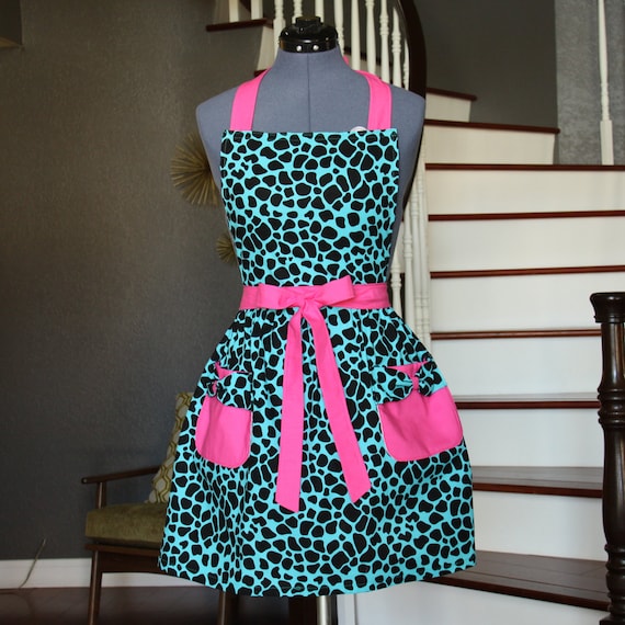Blue Aprons for Women, Womens Aprons with Pockets, Cute Aprons, Blue Black Pink Animal Print Apron, Handmade Aprons, Luz Diany Apron