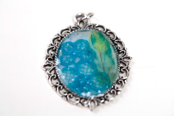 Medium Resin Silver Pendant with Lace Blue Flower and Blue and