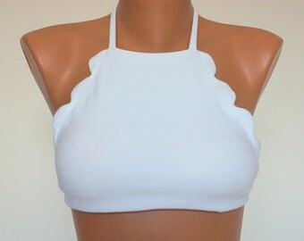 PADDED Scallopped Solid white high neck halter bikini top-Bathing suit-Scallop bikini top-Festival top-Choose Your Color !!!!- XS-S-M-L-XL