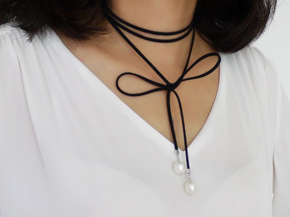 Suede Wrap Choker Necklace Long Black Bolo Tie Choker Faux