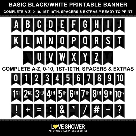 Instant Download. BASIC BLACK and WHITE Banner. Complete Alphabets, Numbers, Ages, Extras and Spacers. Ready for Printing. Printable Pdf Il_570xn
