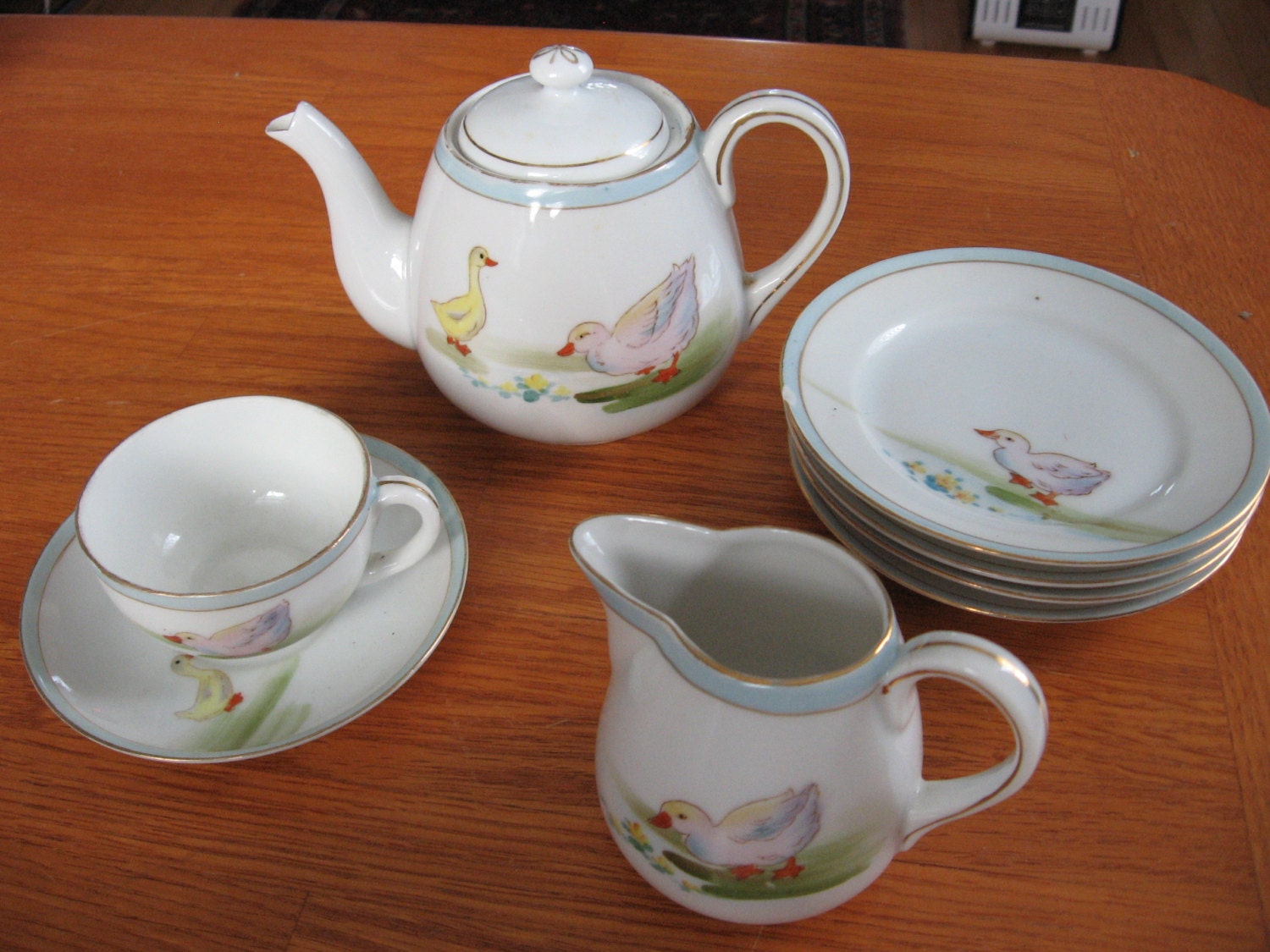 1930s Nippon Child's Tea Set Hand Painted with Ducks