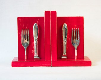 Kitchen Bookends - Vintage Silver Plated Silverware Shabby Chic Distressed Red Wood - Perfect for Cookbooks
