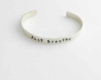 Just Breathe Sterling Silver Cuff Bracelet - Hand Stamped - Yoga Jewelry