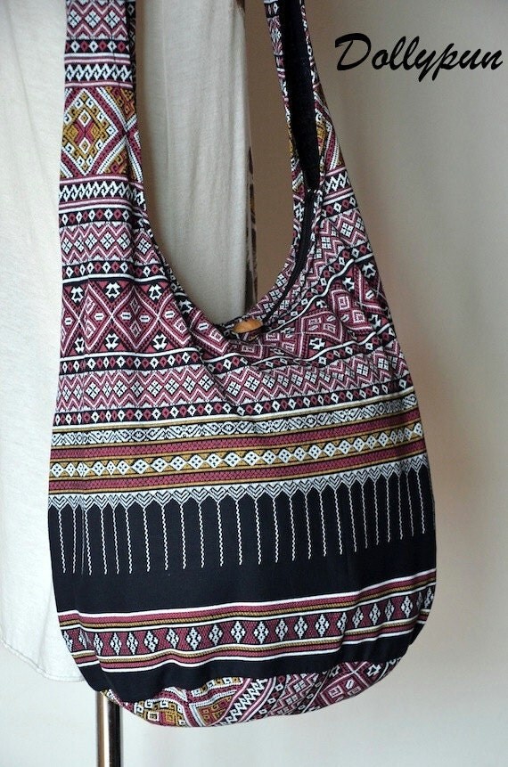 Black Bohemian Bag Ethnic Bag Hobo Bag Cotton Shoulder Bag