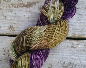 Khaki and purple hand dyed yarn, sock yarn, superwash merino, fingering yarn