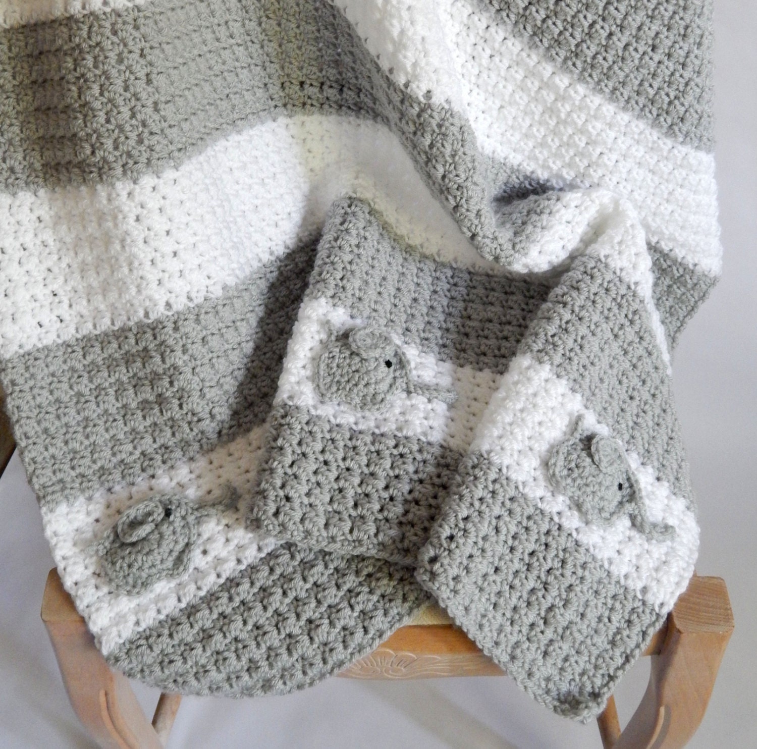 Crocheted white and grey blanket with Elephant accent 6 month