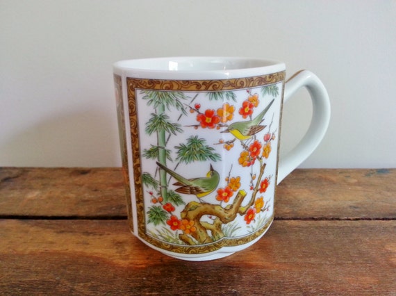 Vintage tea cup coffee mug japanese floral bamboo mid century