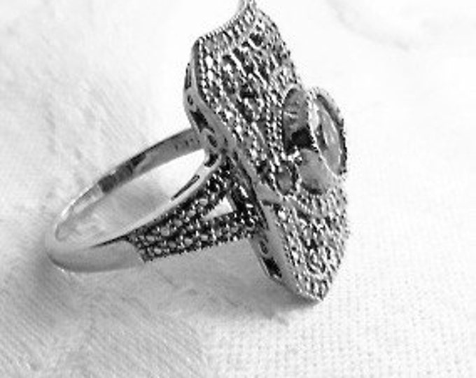 Art Deco Sterling Ring, Crystal Pave Diamond, Openwork Front, Size 7, Engagement Ring