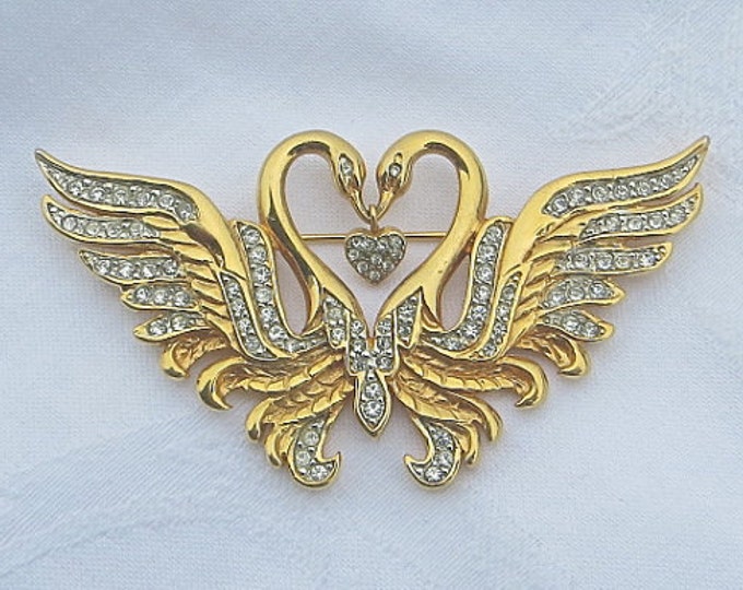 Nolan Miller Swan Brooch, Pair of Swans Pin, Lovebirds Rhinestone, Wedding Bride Designer Signed Jewelry